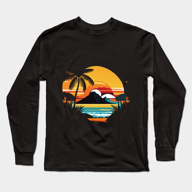 Majestic Coastal Sunset: Palm Trees, Mountains, and the Beach Long Sleeve T-Shirt by linann945